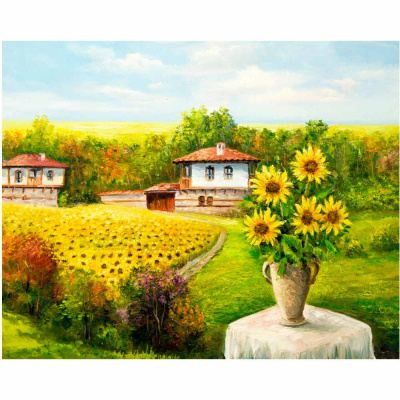 Алмазная мозаика Деревня в подсолнухах 30х40 см полное заполнение Рыжий кот НД-0552 1